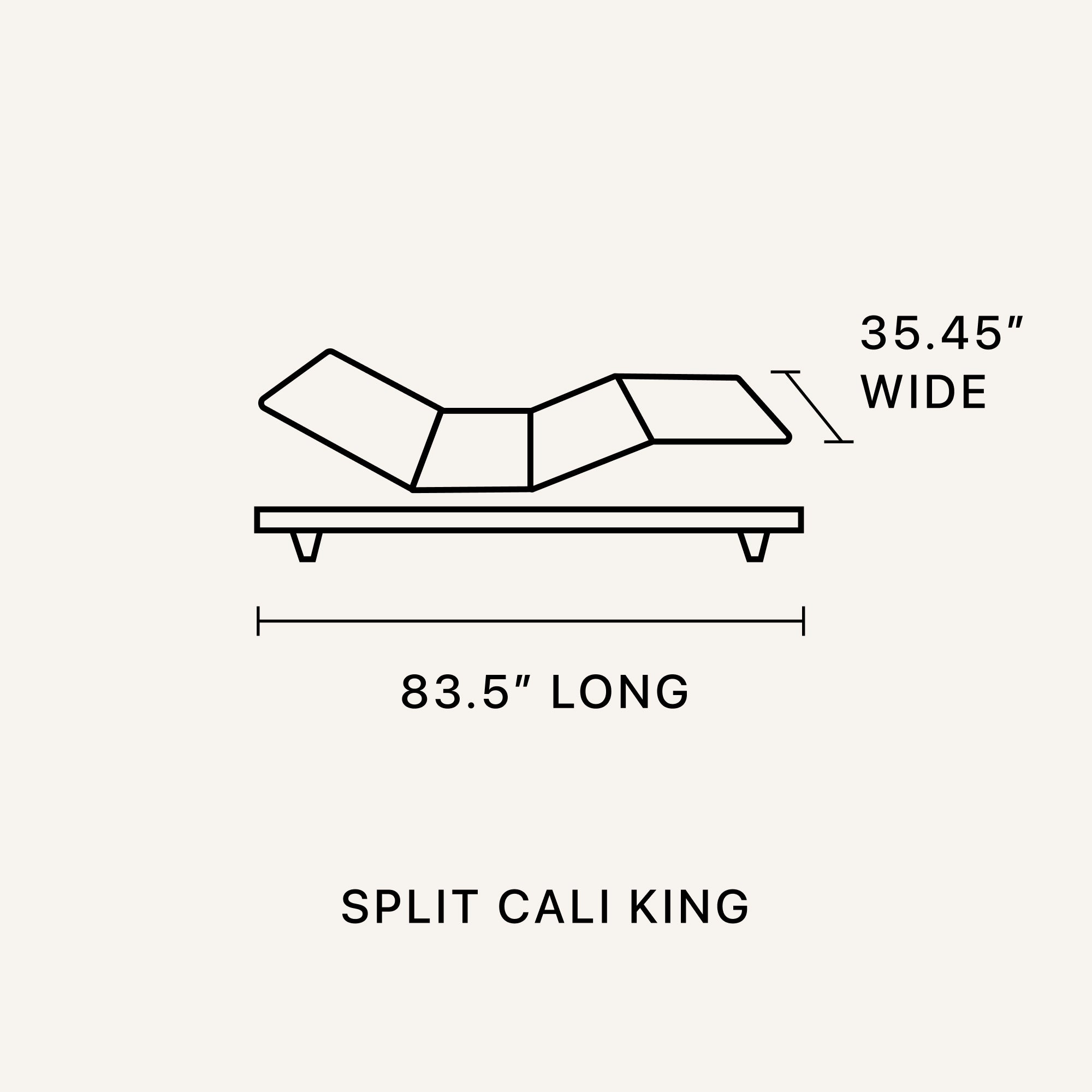 Split Cali King size diagram chart of the Motion Restore Base   35.45 inches wide and 83.5 inches long || size:  Split Cal King