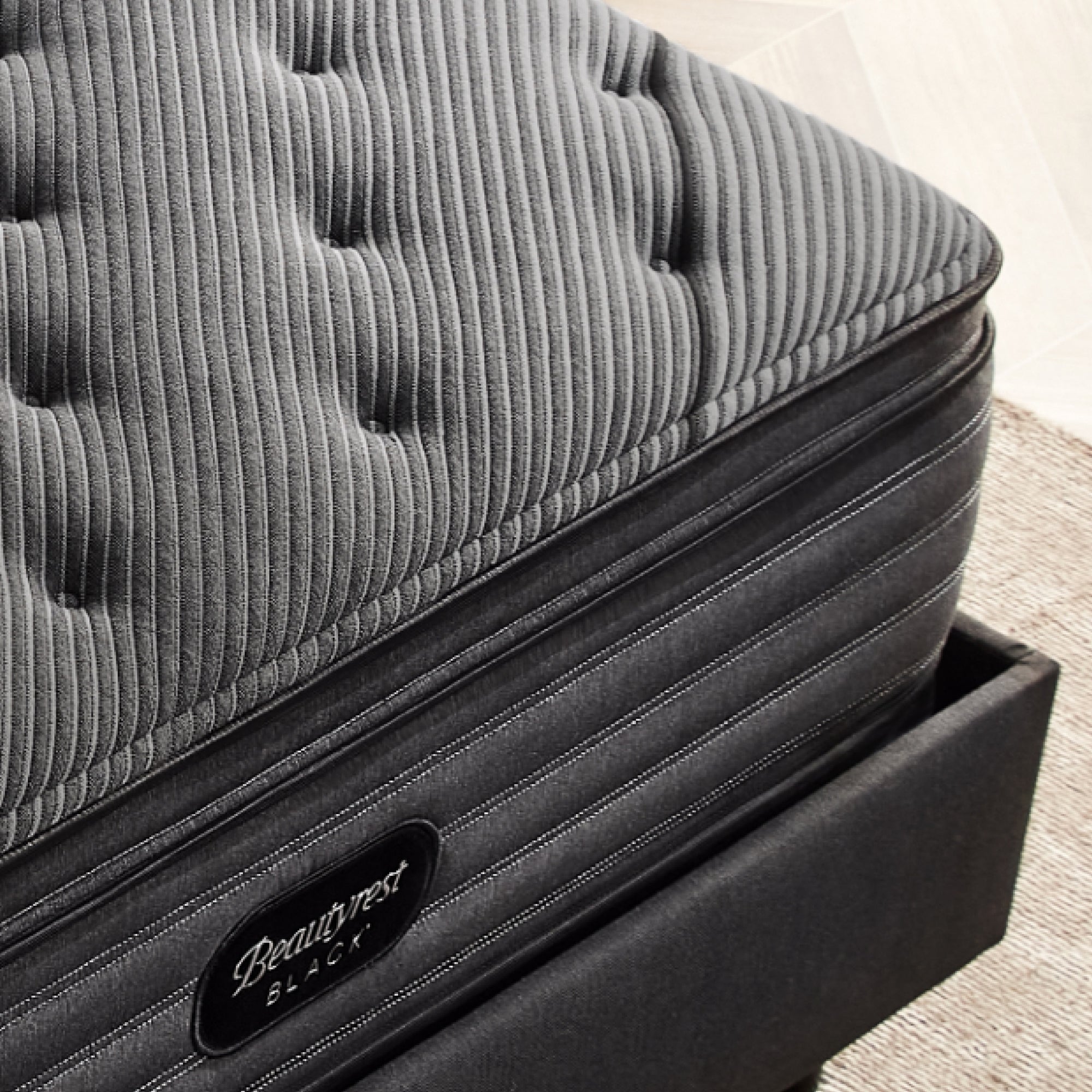 Corner view of the Beautyrest black l-class mattress||series: enhanced l-class || feel: plush pillow top