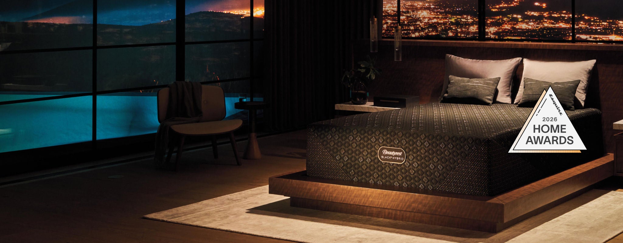 Beautyrest Black Hybrid mattress in a bedroom at night
