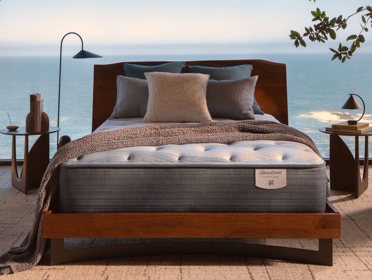 Modern bed with ocean view setting