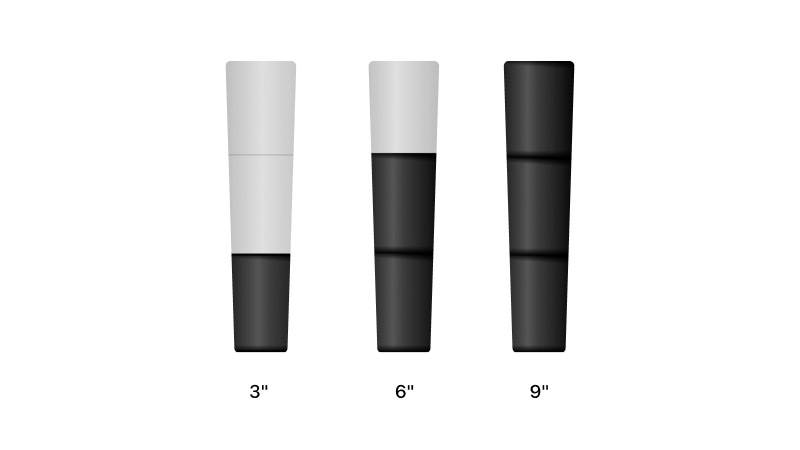 Image on the different sized adjustable leg height options of 3", 6" and 9"
