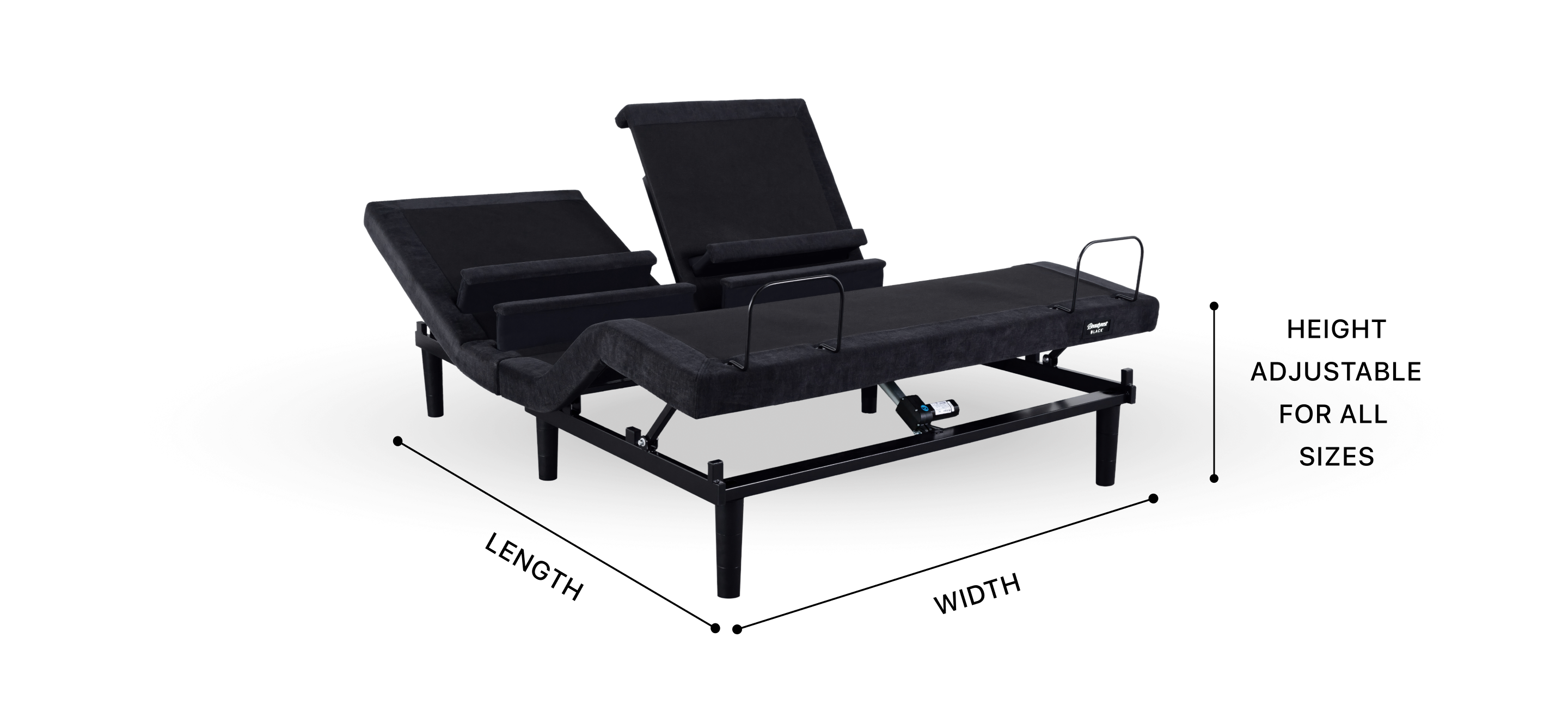 Image of the size and dimensions of the Beautyrest Black Luxury Adjustable Base showing the length and width and height