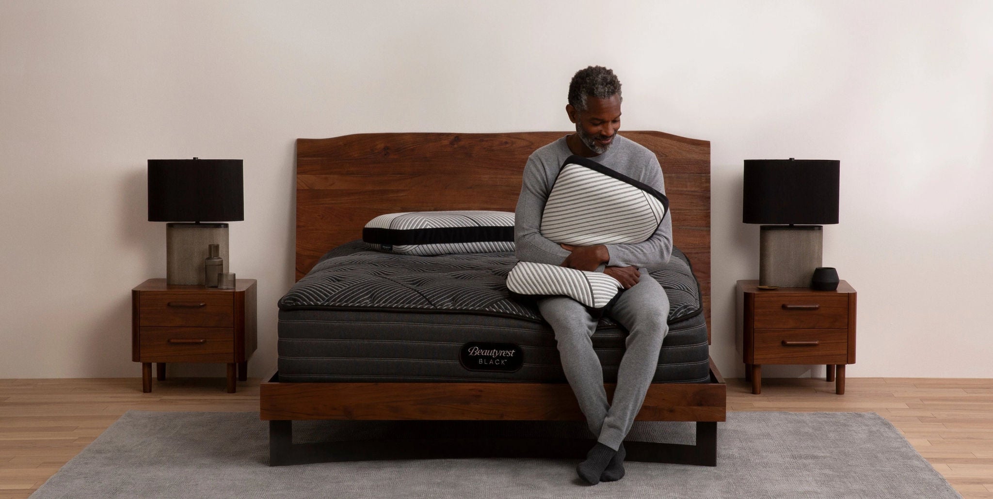 Modern bedroom with mattress and pillows