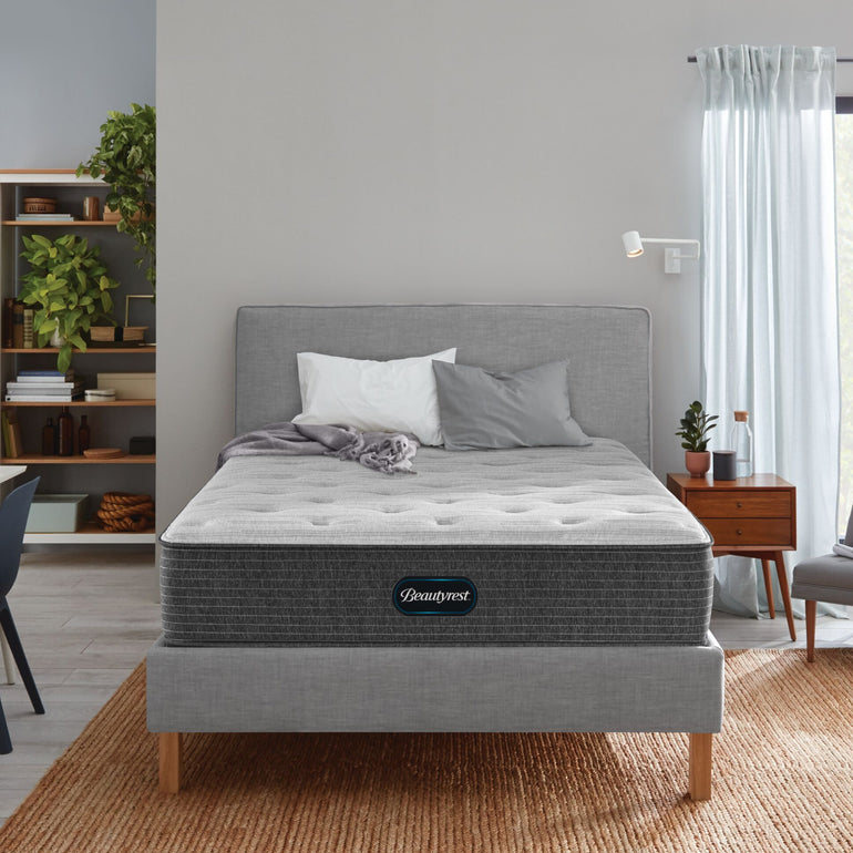 The Beautyrest Select mattress in a bedroom on a grey bed || feel: Medium