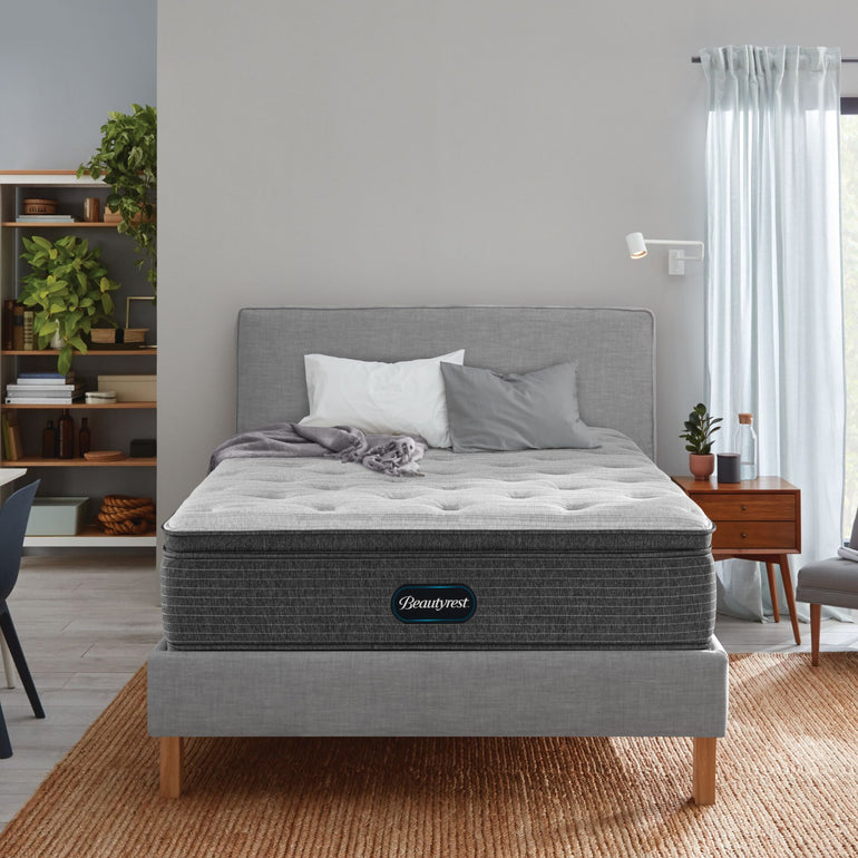 The Beautyrest Select mattress in a bedroom on a grey bed ||feel: Plush Pillow Top