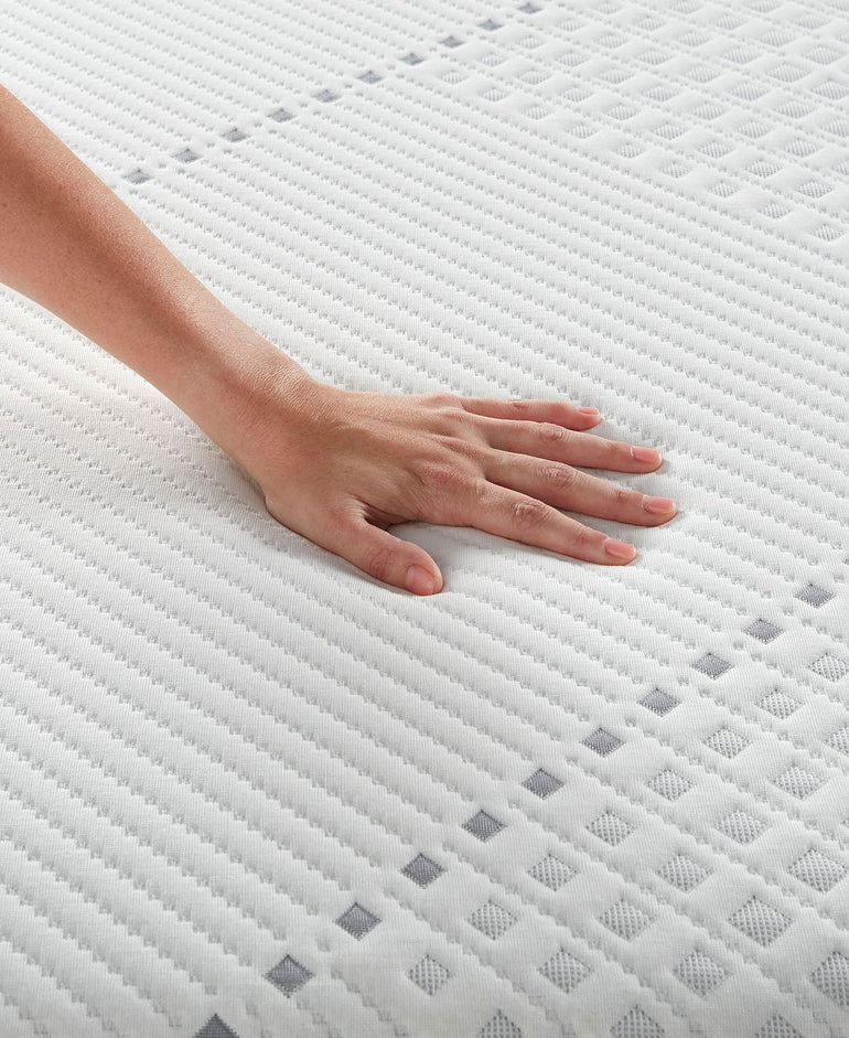 Close-up view of hand pressing on the Beautyrest Hybrid BRX1000-IP Medium mattress