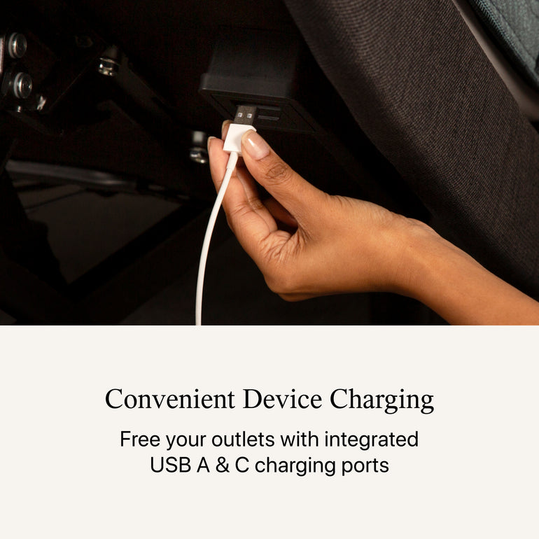 Womans hand placing a white USB cord into the back of the Motion Restore Base remote. below the image, the headline states Convenient Device Charging  Free your outlets with integrated USB A & C charging ports
