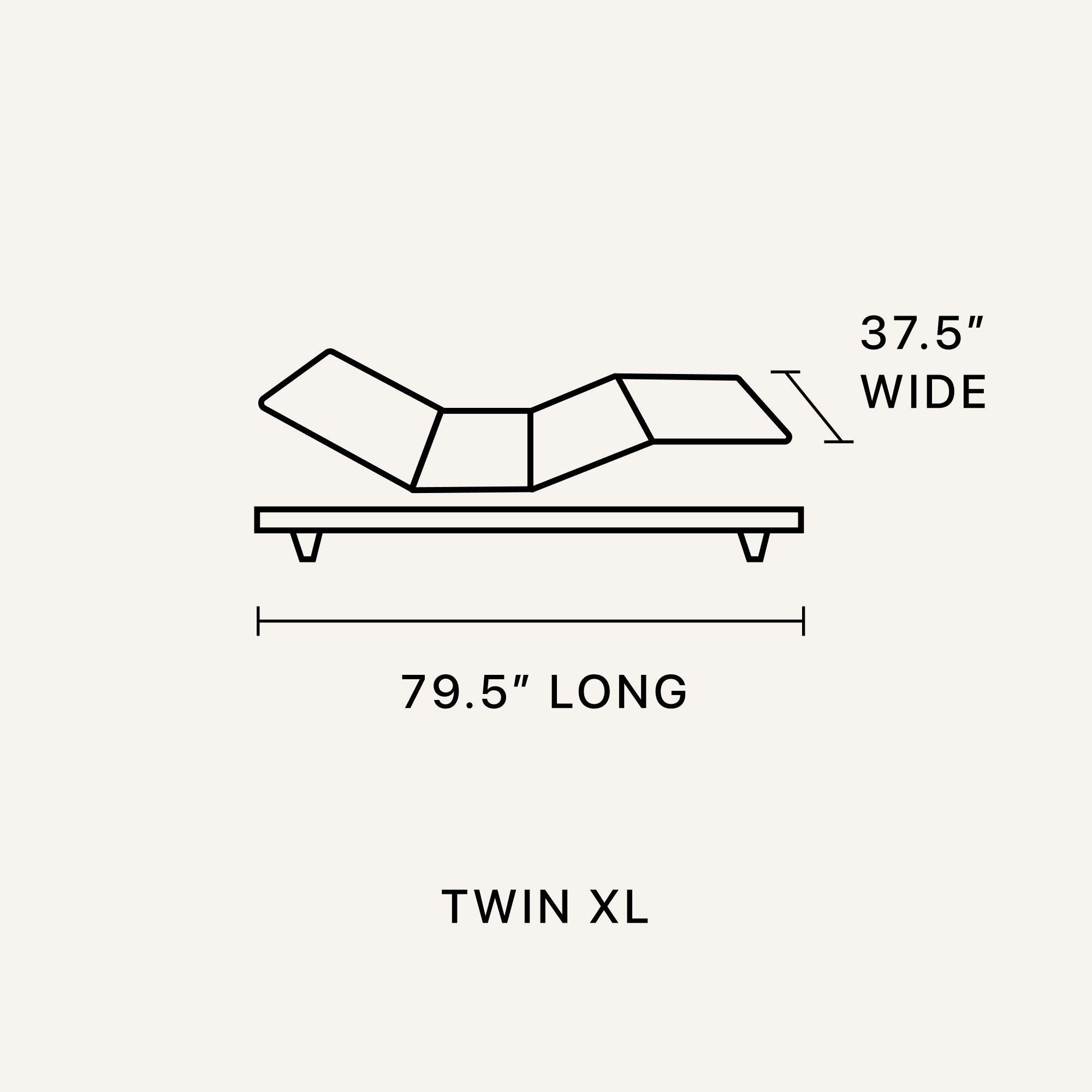 Twin XL size diagram chart of the Motion Restore Base   37.5 inches wide and 79.5 inches long || size: Twin XL