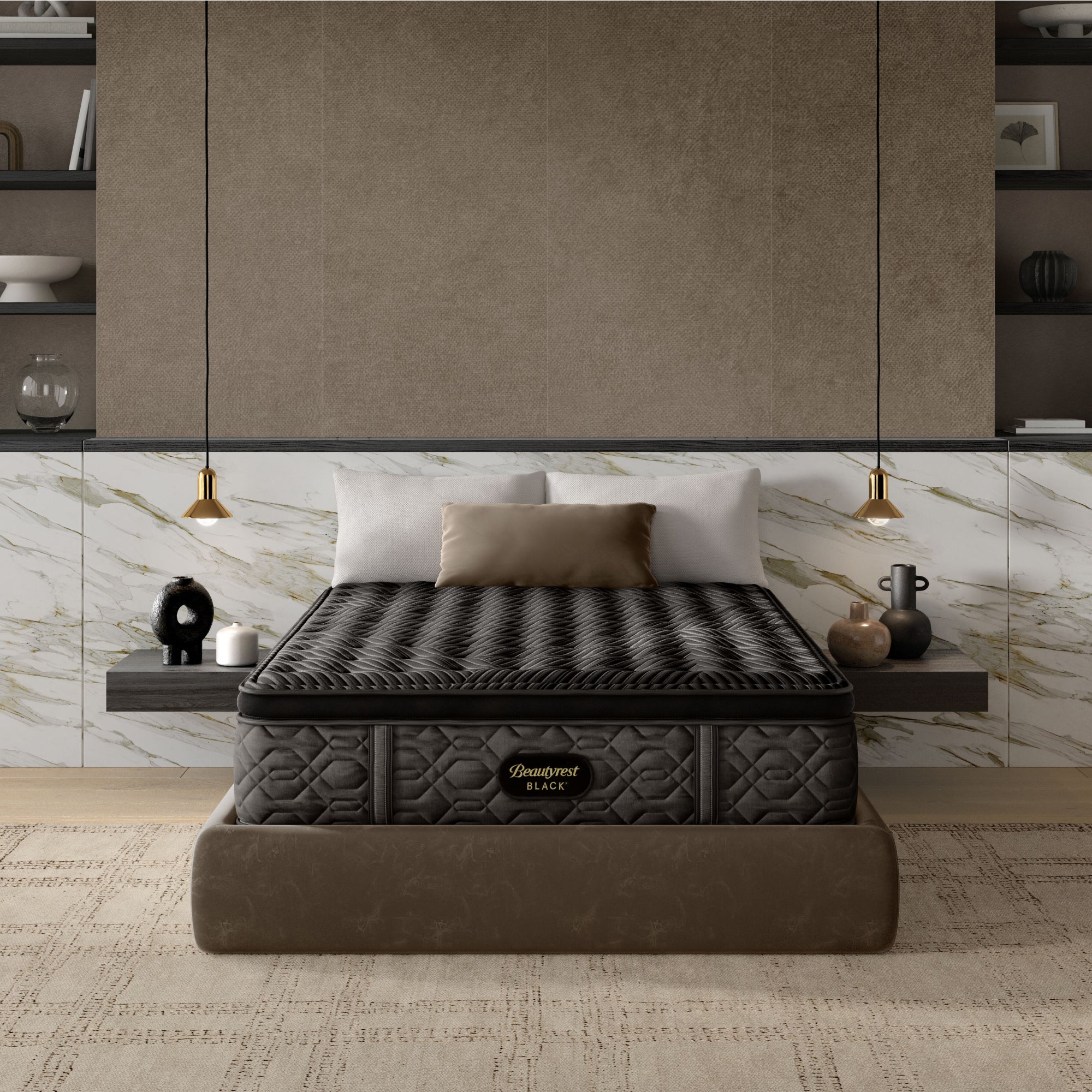 The Beautyrest Black firm pillow top mattress in a bedroom on a brown bed frame || series: Series One || feel: firm pillow top