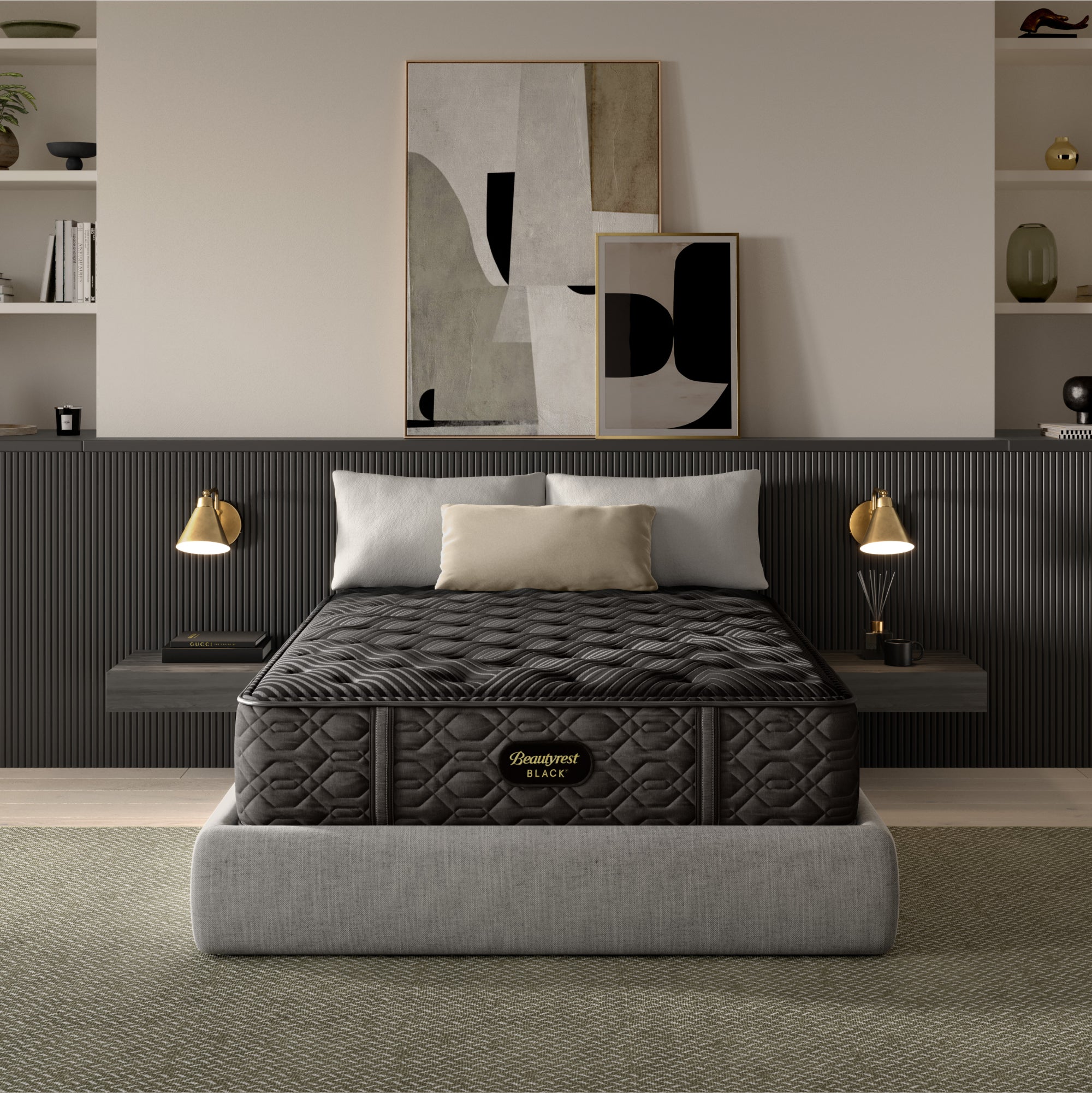 The Beautyrest Black plush mattress in a bedroom on a light grey bed frame || series: Series One || feel: plush