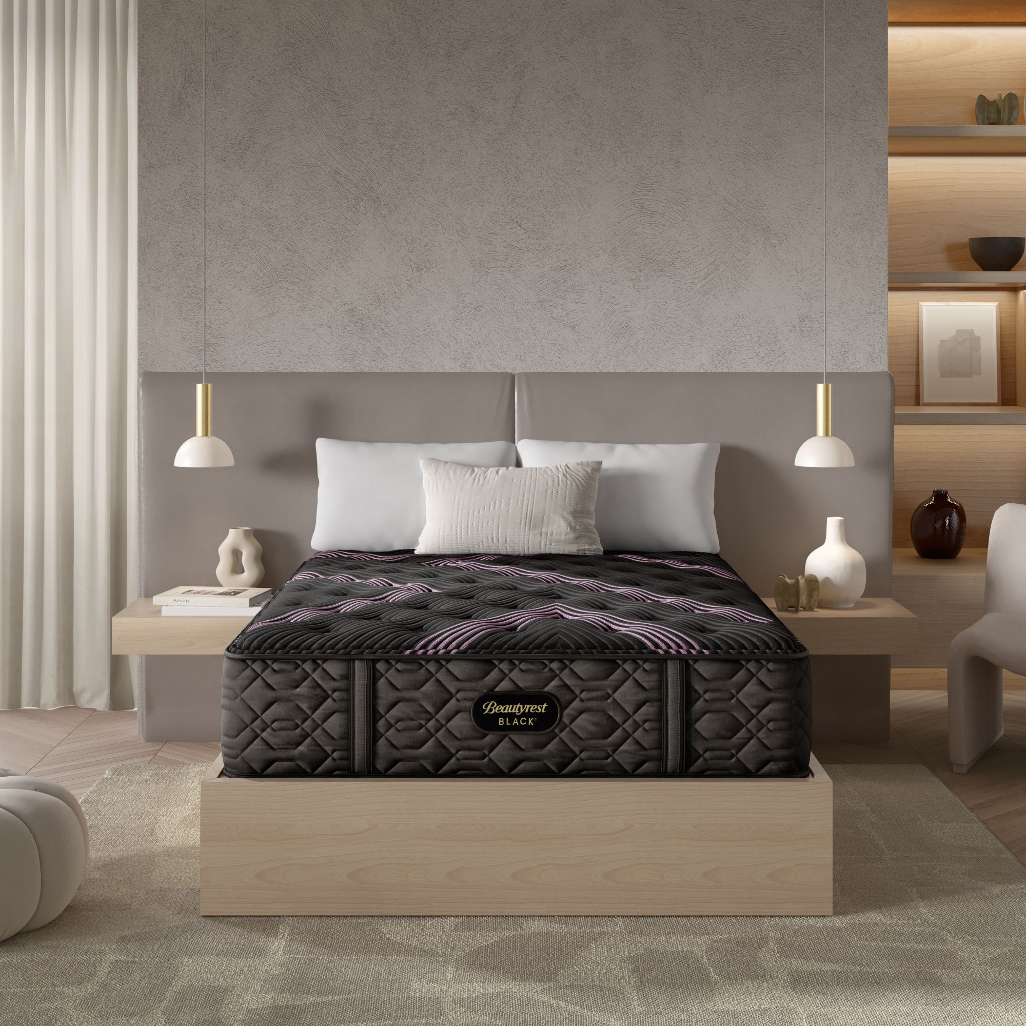 The Beautyrest Black firm mattress in a bedroom on a light brown wood bed frame || series: Series Two || feel: firm
