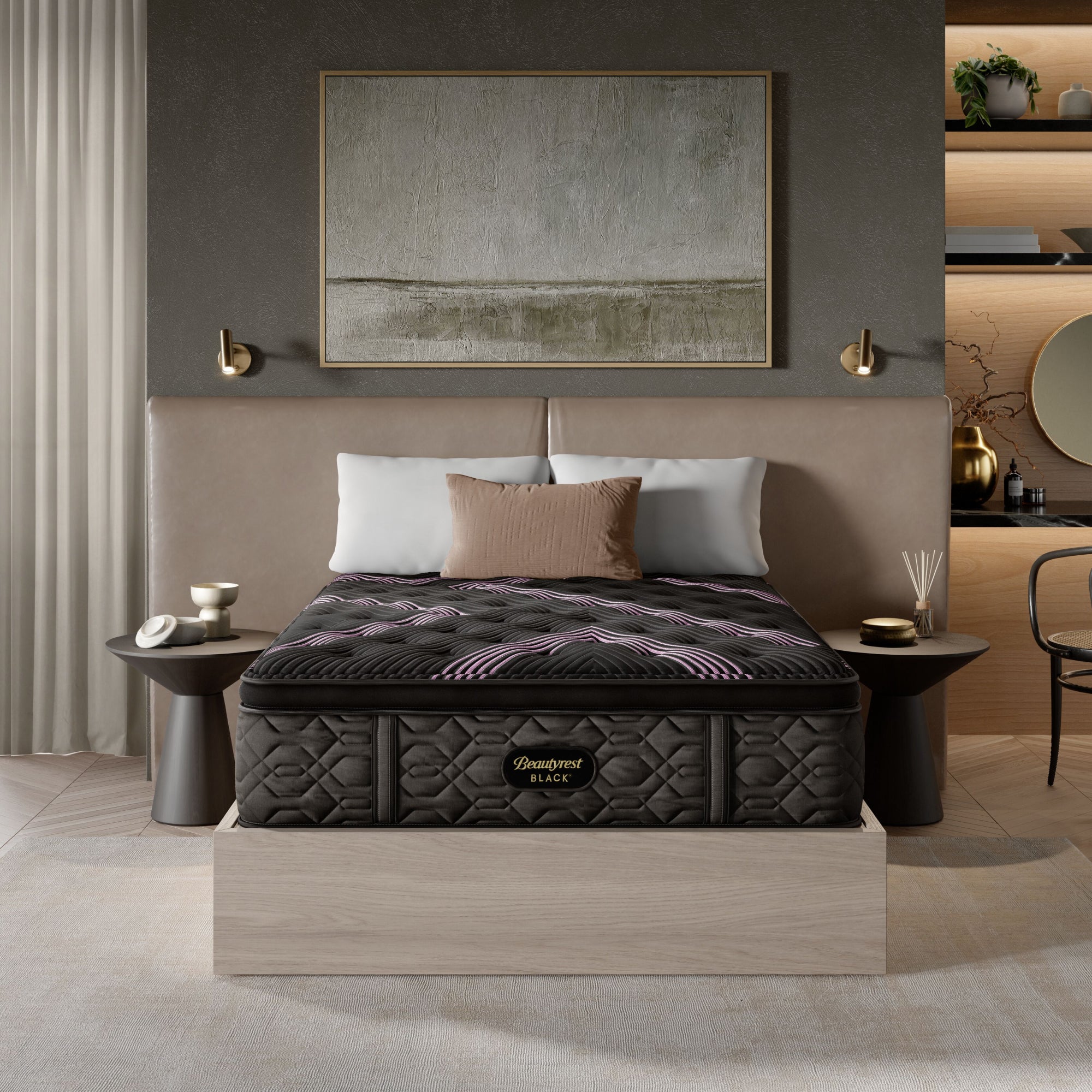 The Beautyrest Black medium pillow top mattress in a bedroom on a light brown wood bed frame || series: Series Two || feel: medium pillow top