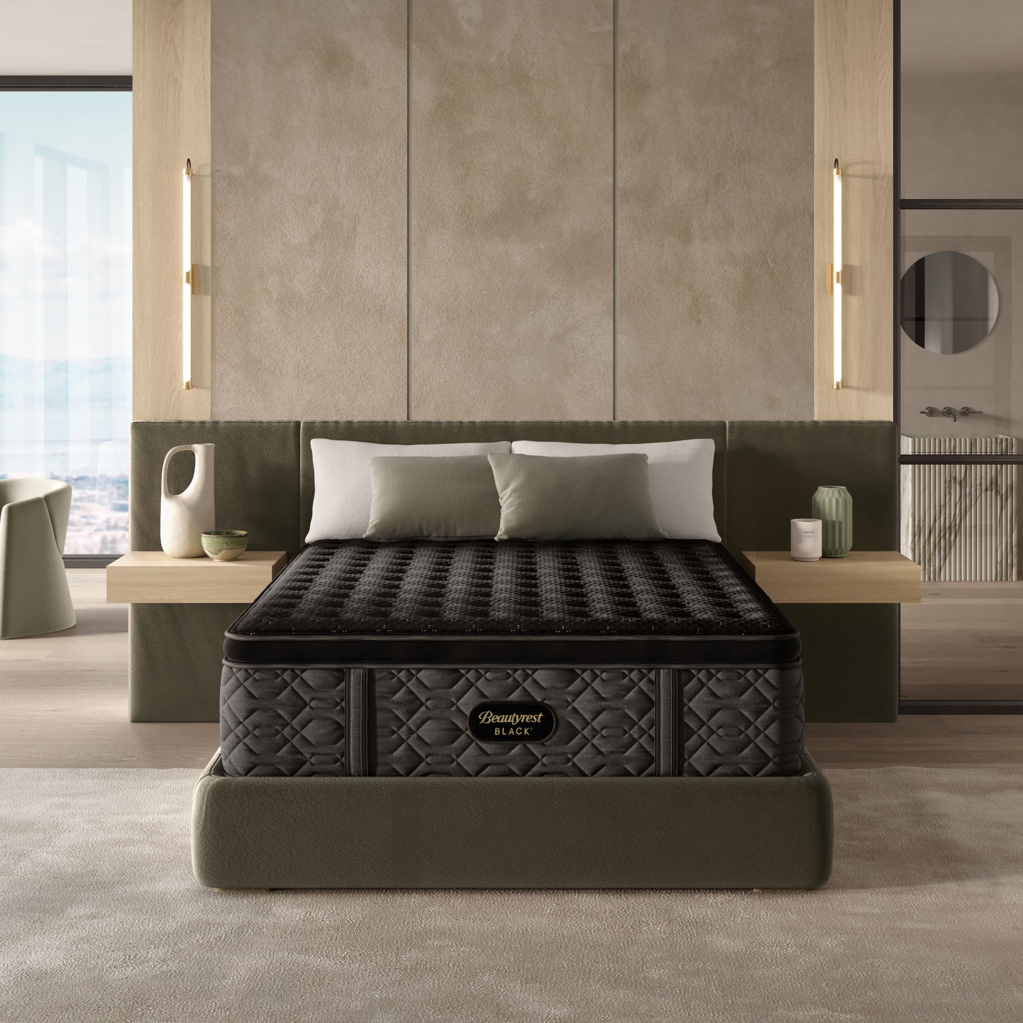 The Beautyrest Black firm pillow top mattress in a bedroom on a dark green bed frame || series: Series Three || feel: firm pillow top