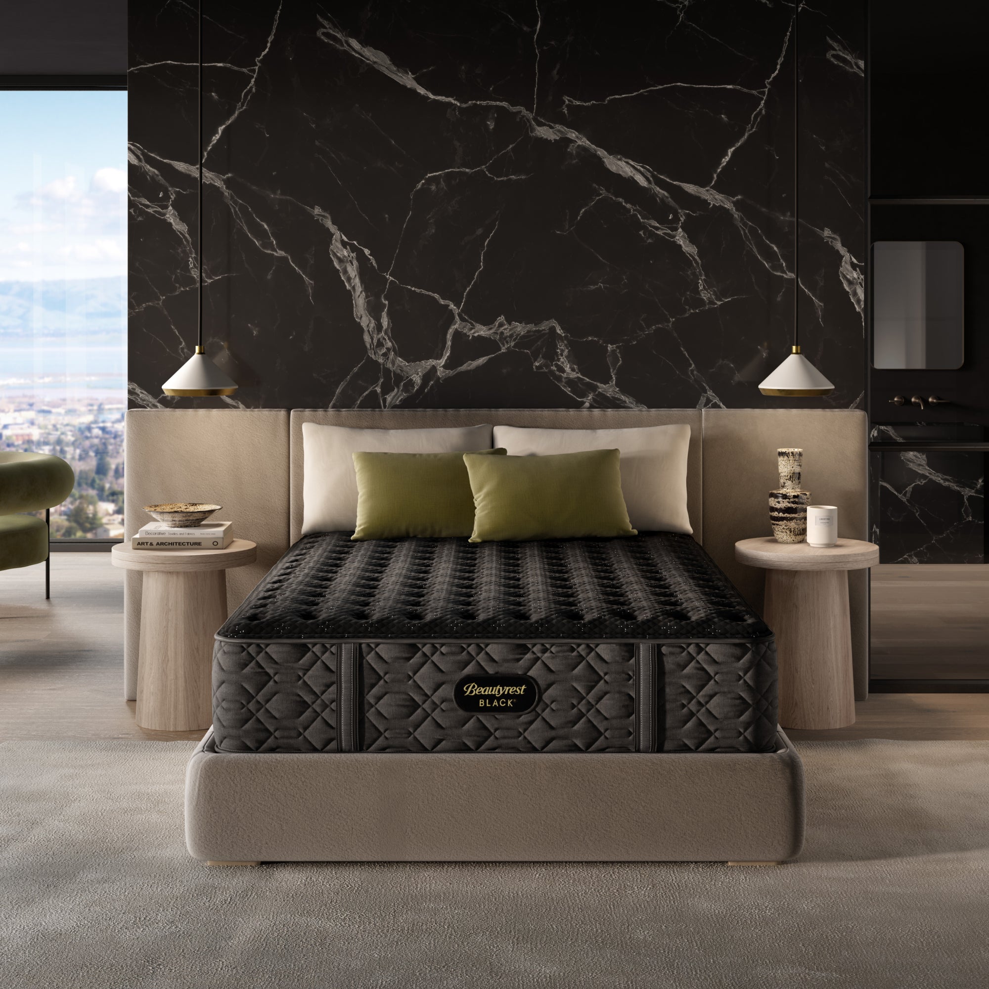 The Beautyrest Black firm mattress in a bedroom on a light brown bed frame || series: Series Three  || feel: firm