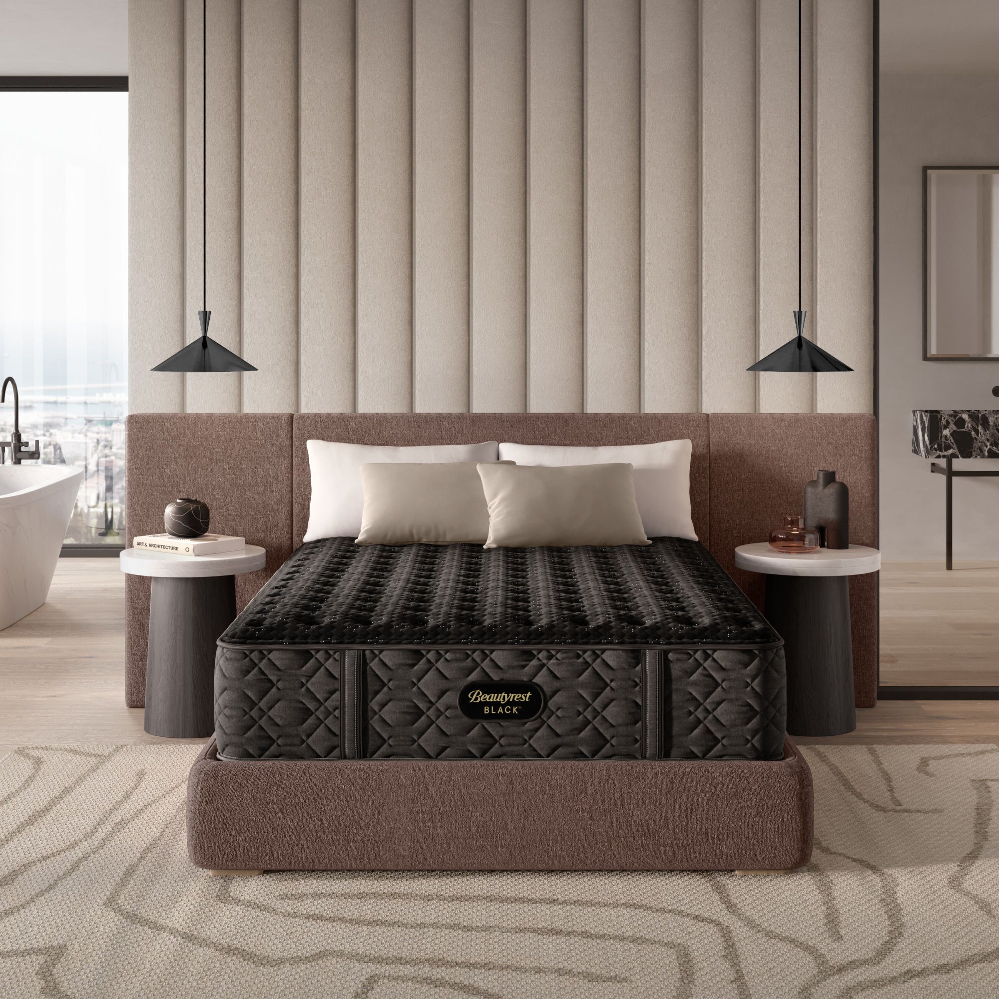 The Beautyrest Black extra firm mattress in a bedroom on a light brown bed frame || series: Series Three  || feel: extra firm