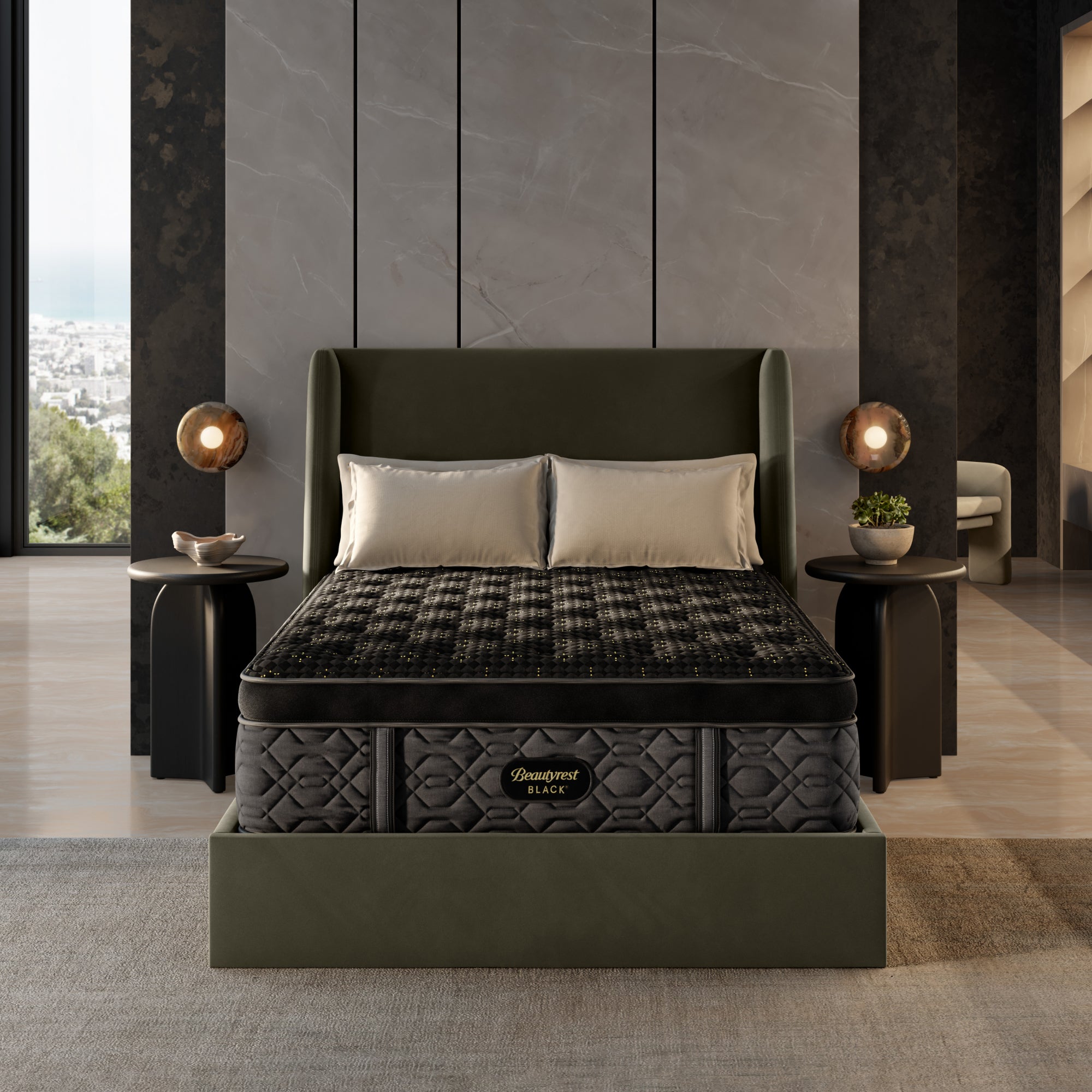 The Beautyrest Black medium summit pillow top mattress in a bedroom on a forest green bed frame || series: Series Four || feel: medium summit pillow top