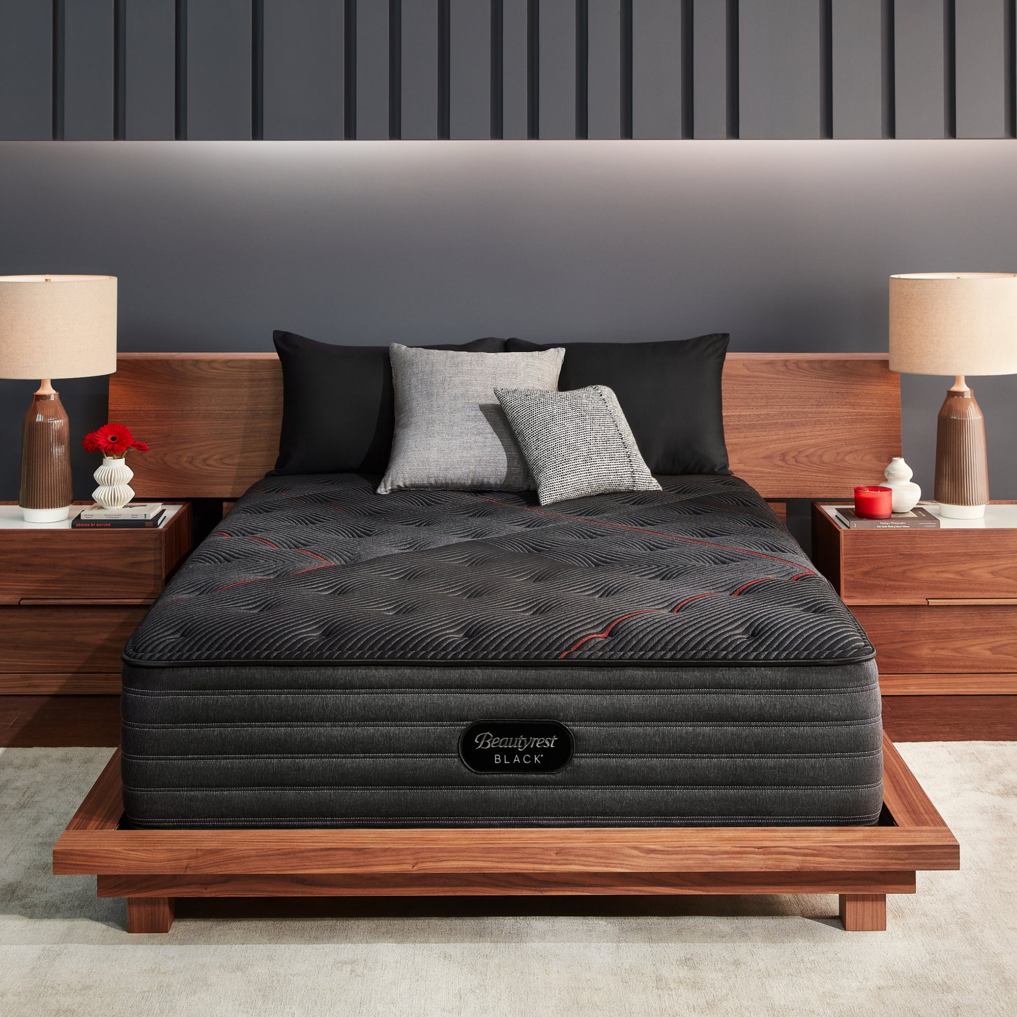 The Beautyrest Black deluxe c-class firm mattress in a bedroom ||series: deluxe c-class|| feel: extra firm