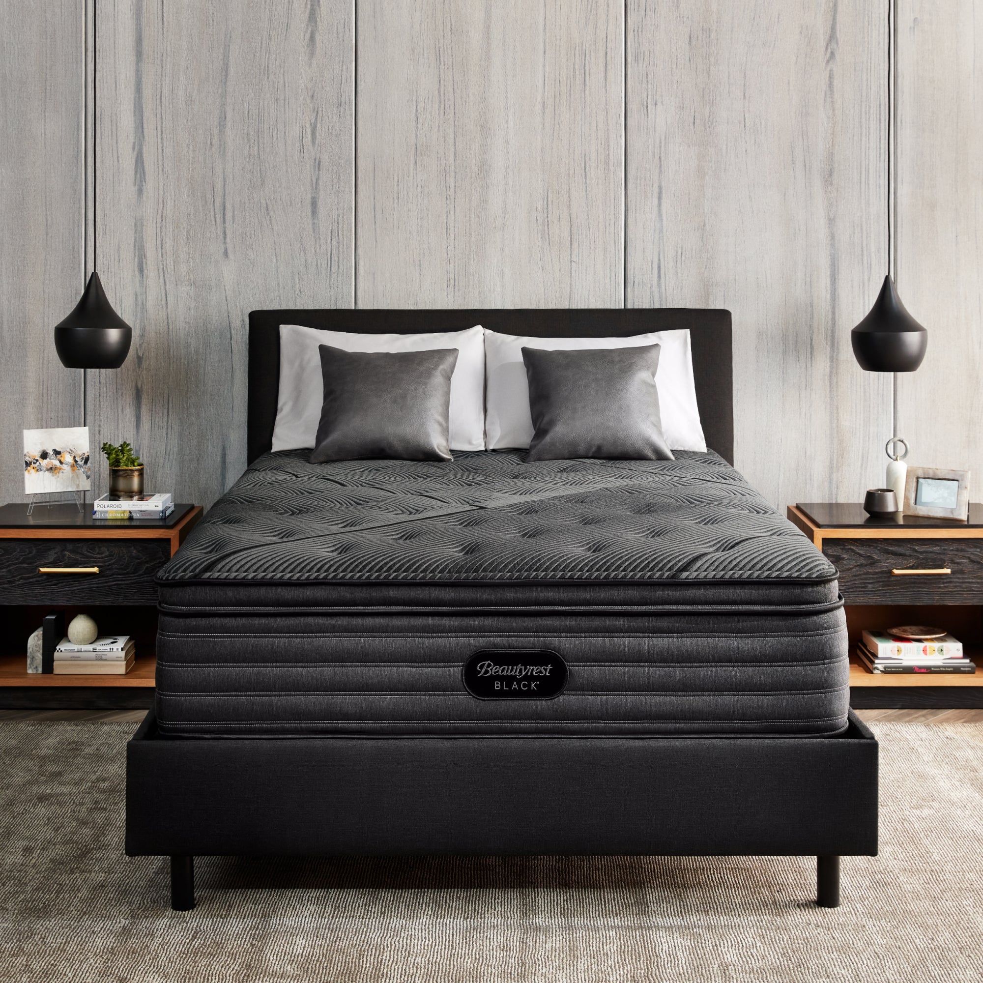 The Beautyrest Black enhanced l-class extra medium mattress in a bedroom||series: enhanced l-class || feel: medium pillow top