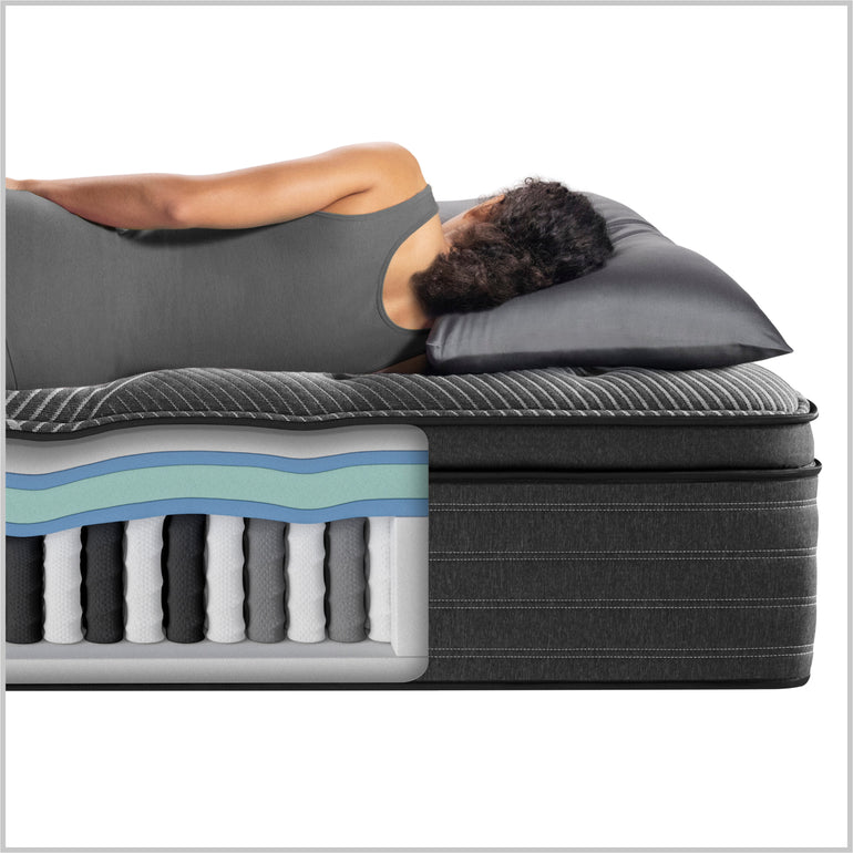 Diagram of the materials used in the Beautyrest Black l-class mattress||series: enhanced l-class|| feel: plush pillow top