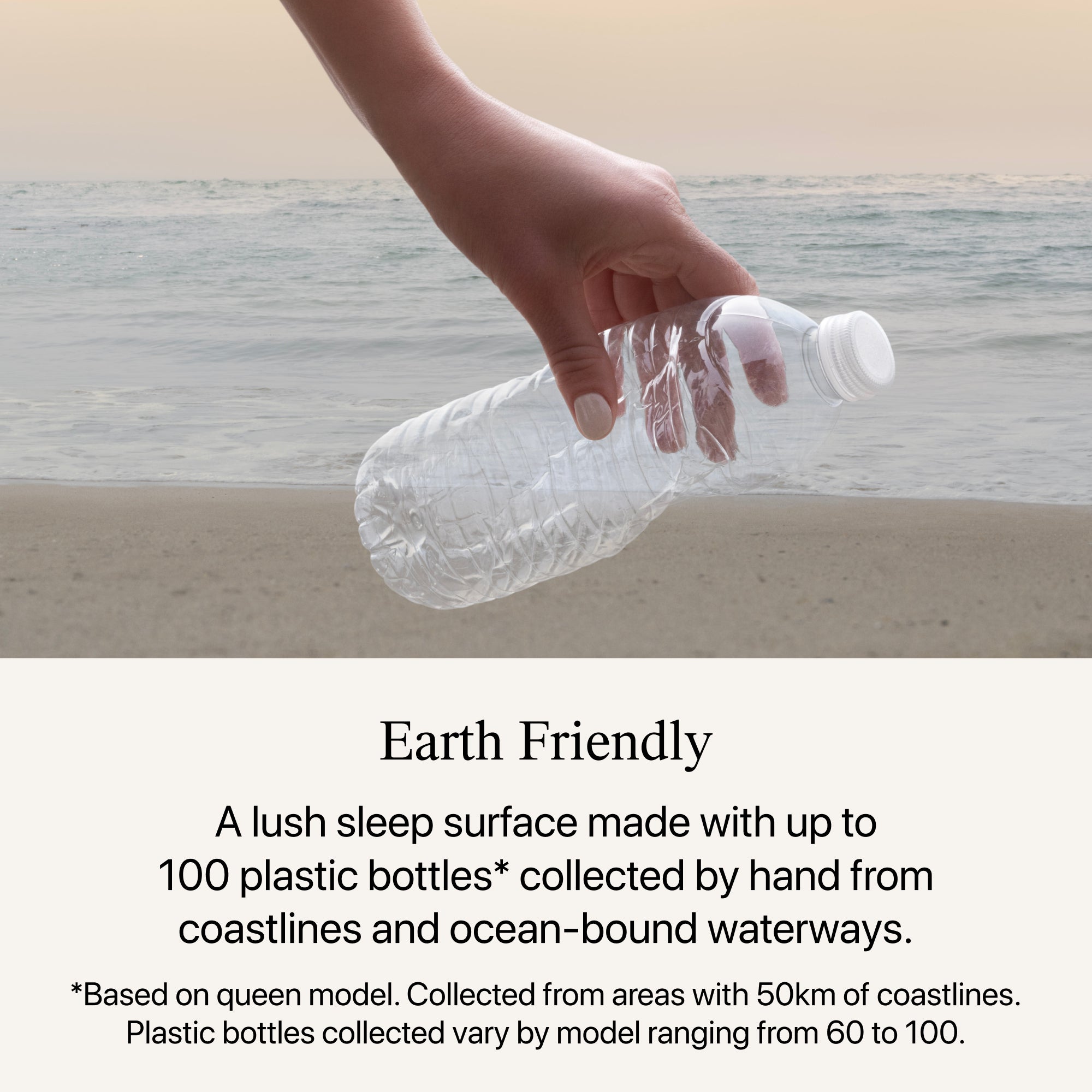 A hand holding a water bottle near the ocean, showing that the Beautyrest Harmony Lux mattress is earth friendly || series: Exceptional Coral Island
