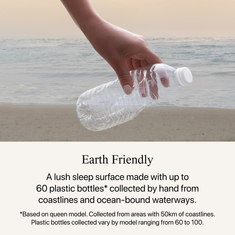 A hand holding a water bottle near the ocean, showing that the Beautyrest Harmony Lux mattress is earth friendly || series: Premier Anchor Island