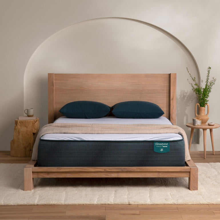 The Beautyrest Harmony hybrid Exceptional Driftwood Bay mattress in a bedrooom || series: Exceptional Driftwood Bay || feel: firm