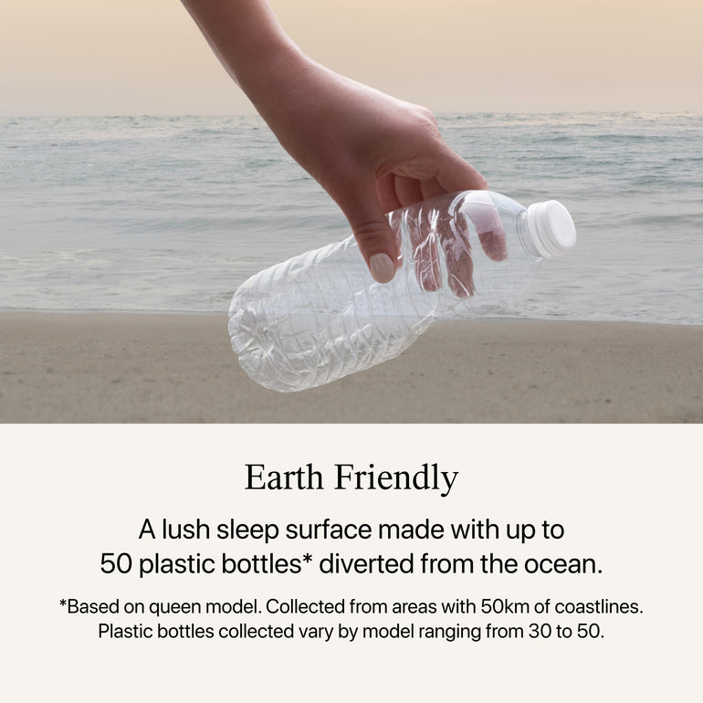 A hand holding a water bottle by the ocean showing the earth friendly value of the Beautyrest Harmony mattress|| series: premier beachfront bay||feel: firm