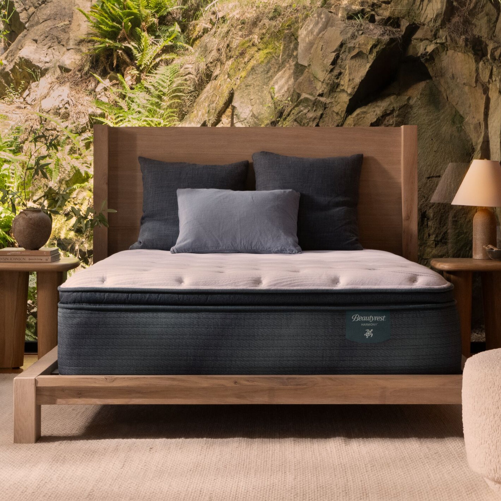 The Beautyrest Harmony mattress on a wooden bed in a bedroom || series: ExceptionalCypress Bay || feel: plush pillow top