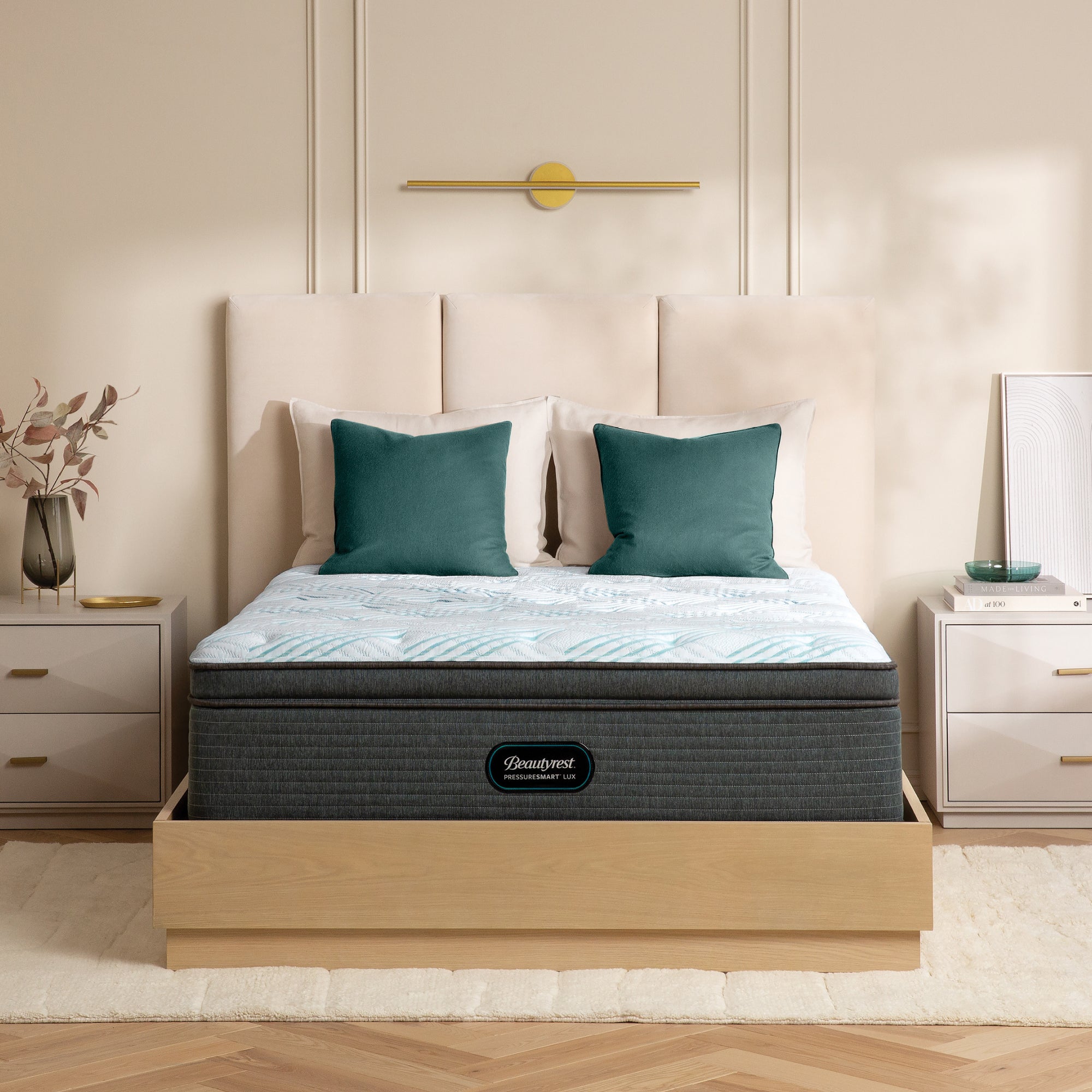 The Beautyrest PressureSmart mattress in a bedroom||feel: firm pillow top||series: lux