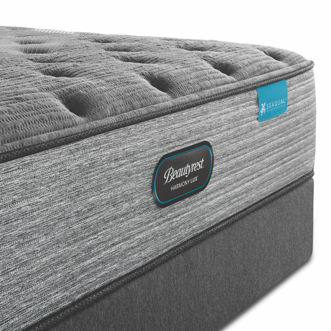 Corner view of the Beautyrest Harmony mattress on the Beautyrest flat foundation