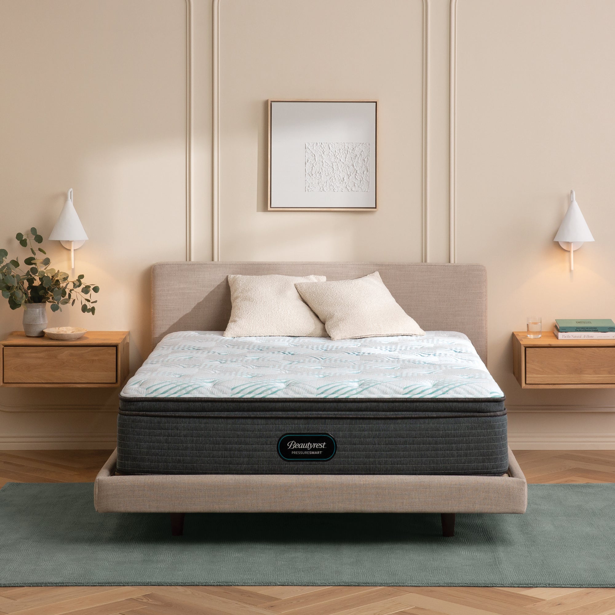 The Beautyrest PressureSmart mattress in a bedroom||feel: plush pillow top||series: standard