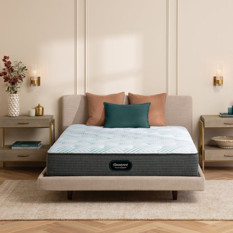 The Beautyrest PressureSmart mattress in a bedroom || feel: plush || series: standard