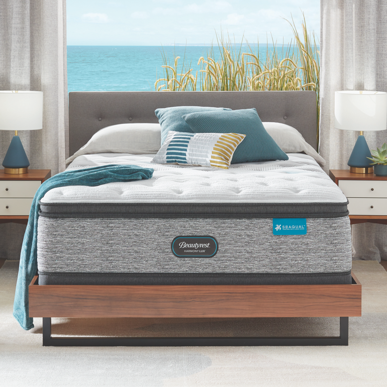 The Beautyrest Harmony mattress on the Beautyrest flat foundation in a bedroom