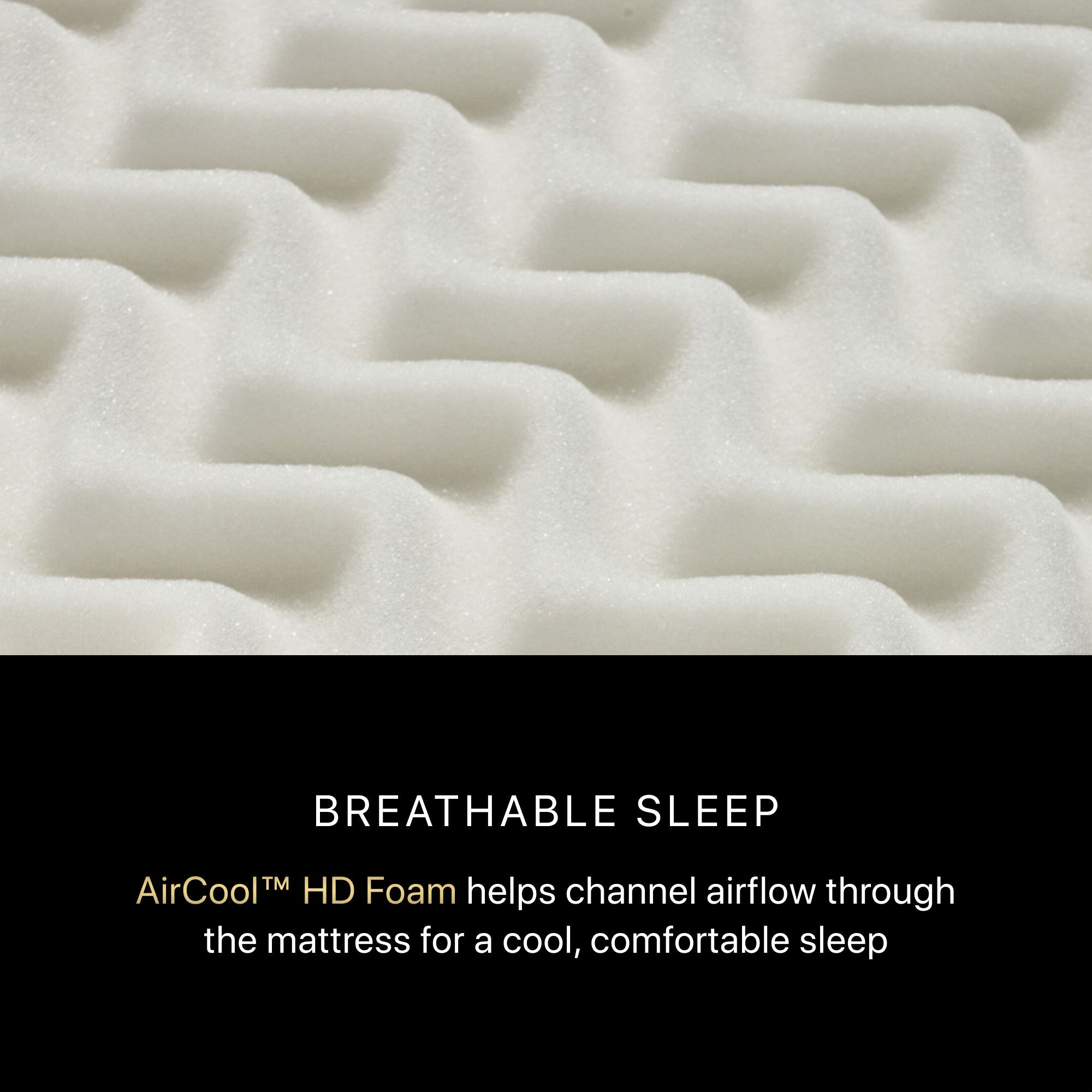 White foam blocks with grid pattern; caption mentions breathable sleep and AirCool HD Foam