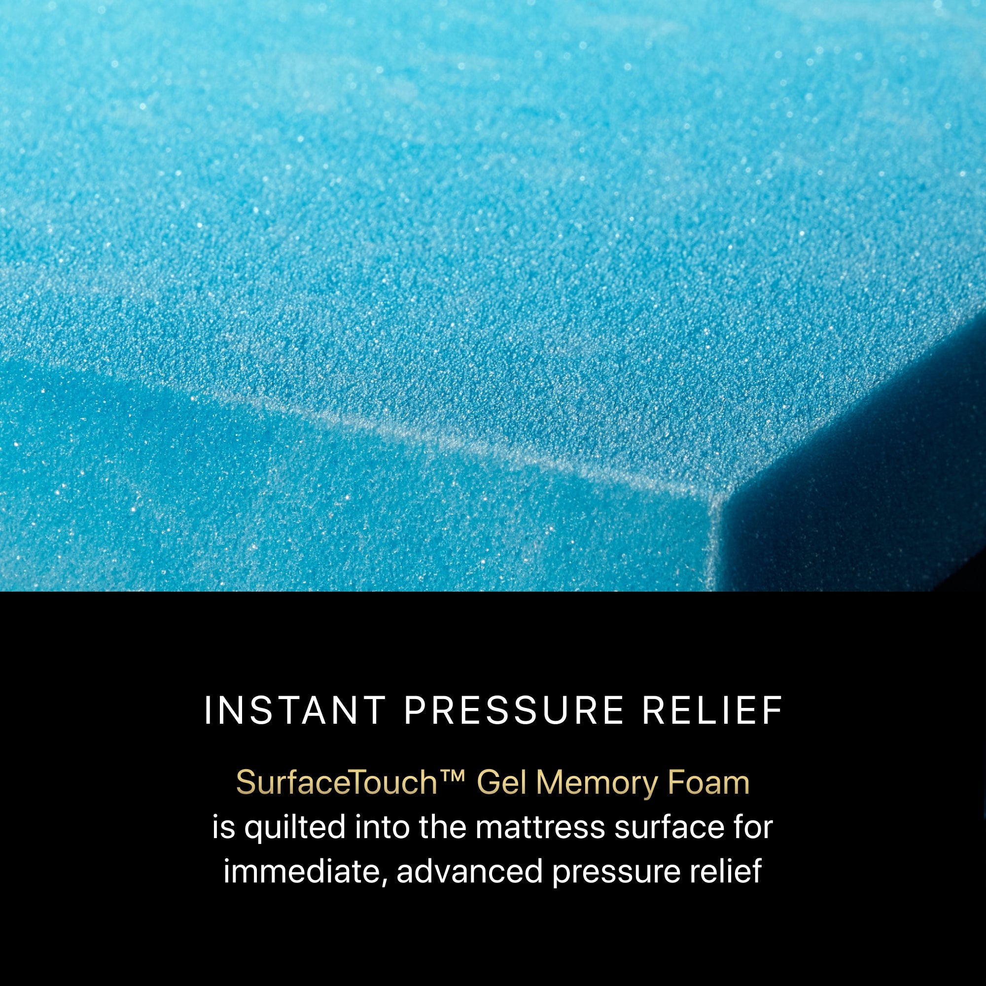 Close-up of blue Memory Foam block with fine texture illustrating Instant Pressure Relief and SurfaceTouch Gel Memory Foam.