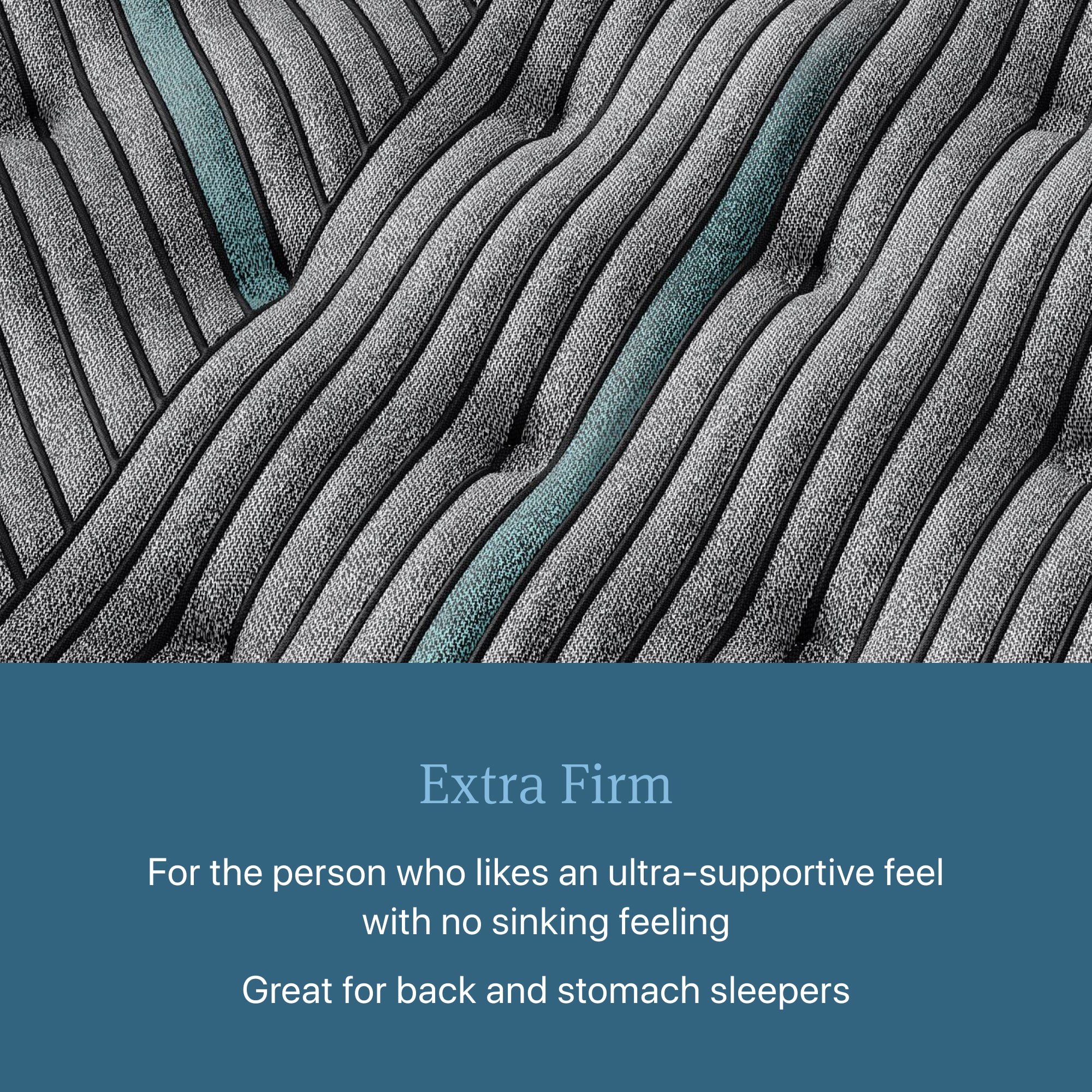 Graphic panel describing extra firm feel and back/stomach sleeper suitability.